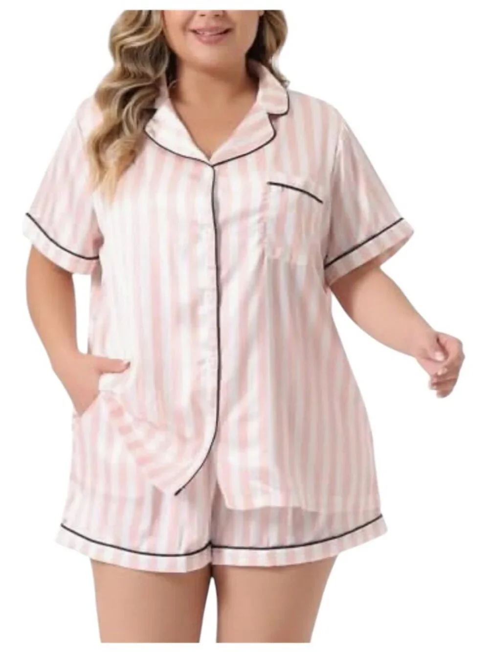 Silky Lounge Pajama Set Short Sleeve Button Up size large
